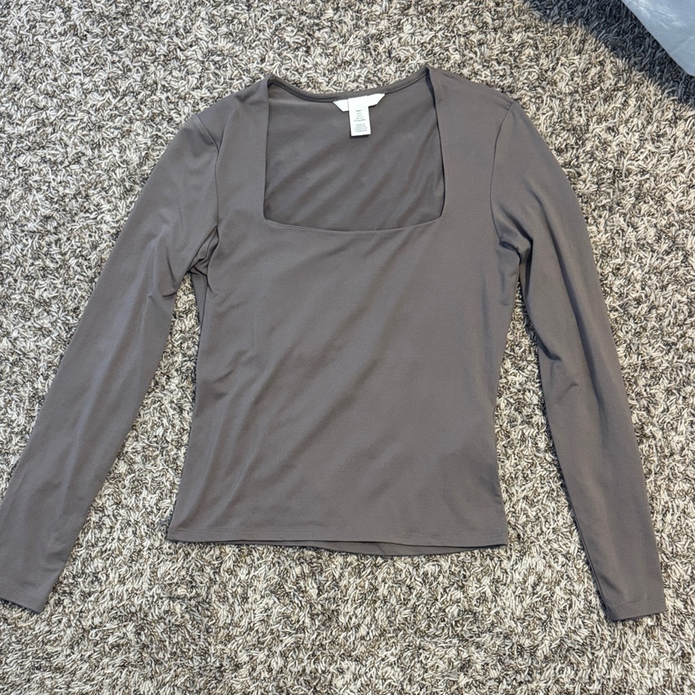 Square Neck Brown Long Sleeve Top